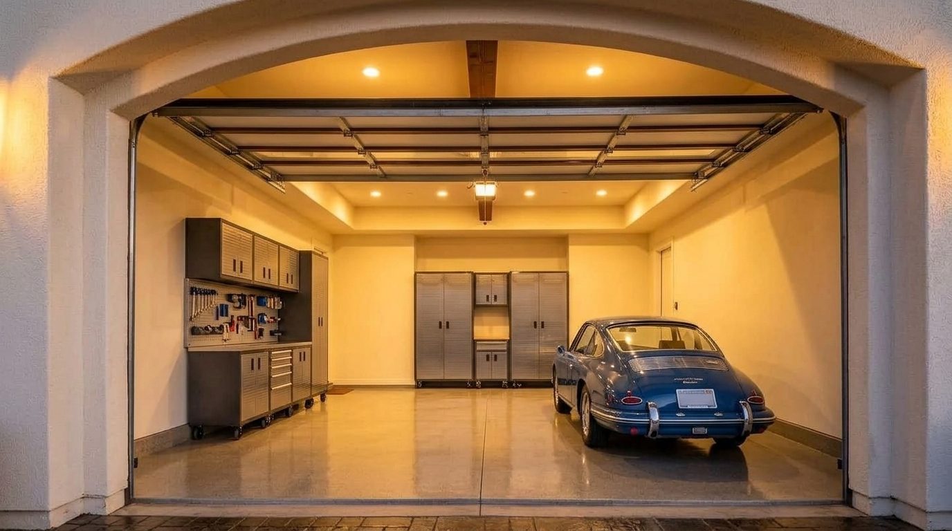 Megan Newman Garage Door Seal Pros Interior View of Custom Garage Door Overhead and Workshop